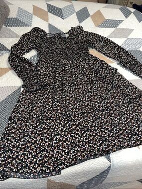 Amazon Black Floral Long-Sleeve Smocked Waist Midi Dress